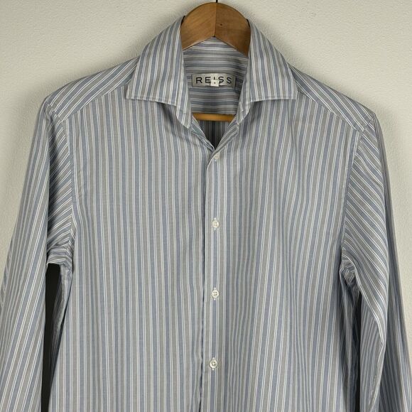 Reiss Long Sleeve Button Up Shirt Light Blue Striped Size Small Dress Preppy - Picture 2 of 6